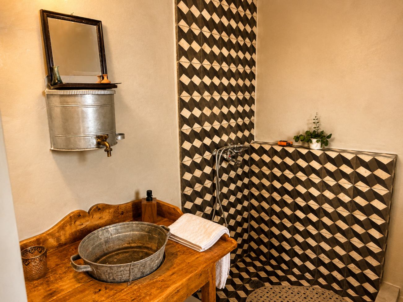 The bathroom, with its zinc basin and patterned tile