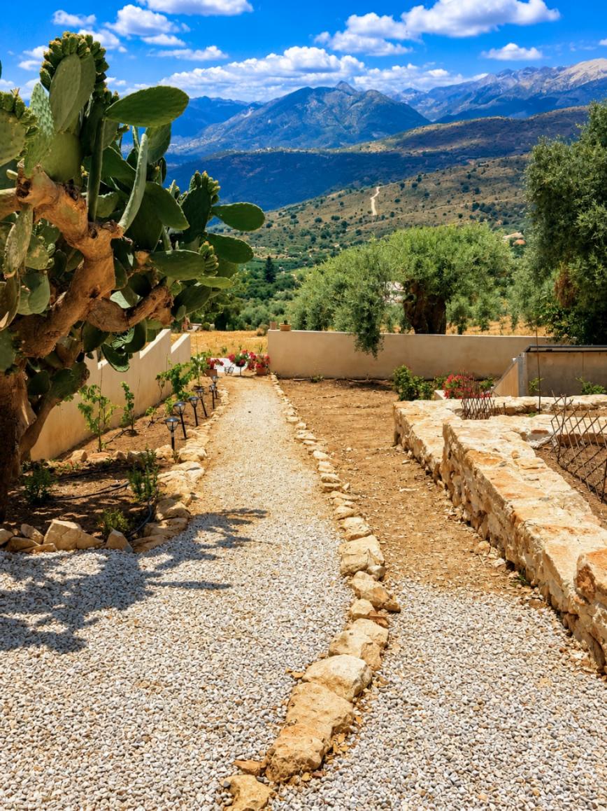 The gravel path between the vegetable beds toward the White Mountains