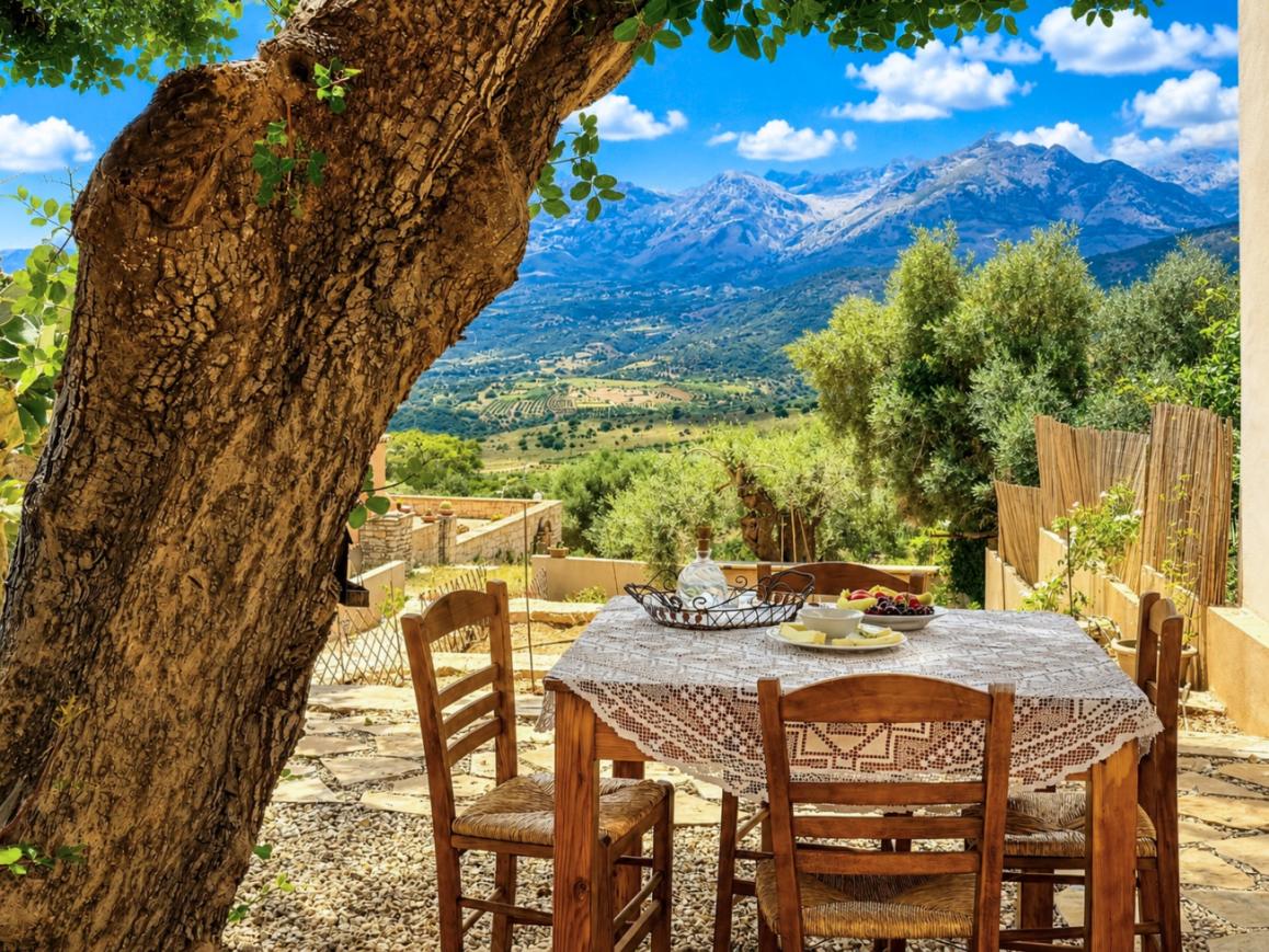 A table laid under the carob tree with the mountains beyond