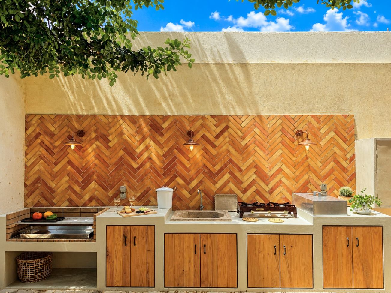 The outdoor kitchen with its terracotta herringbone wall lit by copper lamps